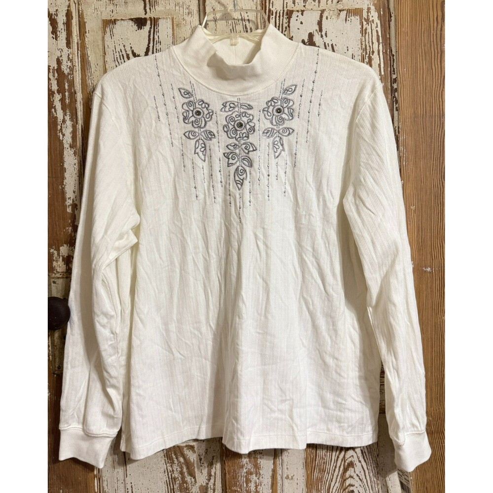 Alfred Dunner Northern Lights Long Sleeve Embroidered Mock-neck Top - Ivory - 1X